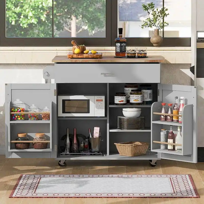 39" W Modern Rubberwood Top Kitchen Cart with Storage and Towel Racks