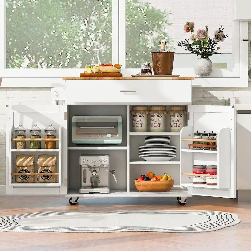 39" W Modern Rubberwood Top Kitchen Cart with Storage and Towel Racks
