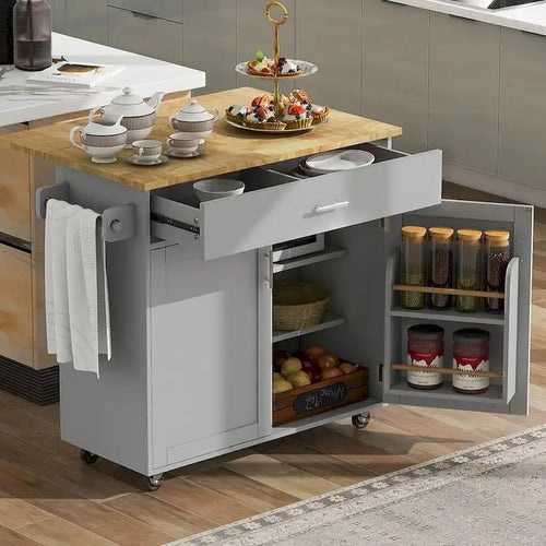 39" W Modern Rubberwood Top Kitchen Cart with Storage and Towel Racks