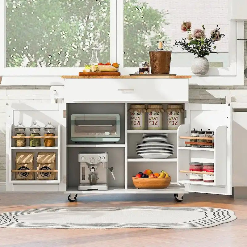 39" W Modern Rubberwood Top Kitchen Cart with Storage and Towel Racks