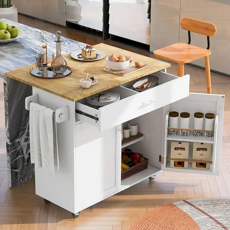 39" W Modern Rubberwood Top Kitchen Cart with Storage and Towel Racks