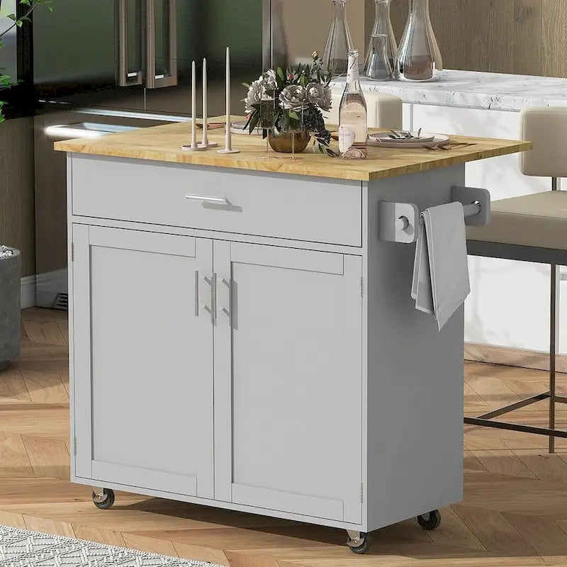39" W Modern Rubberwood Top Kitchen Cart with Storage and Towel Racks