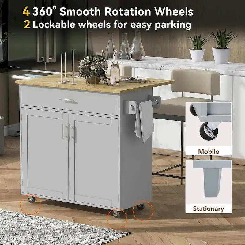 39" W Modern Rubberwood Top Kitchen Cart with Storage and Towel Racks