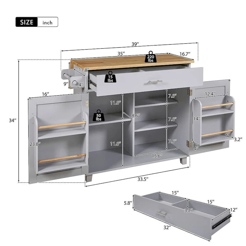 39" W Modern Rubberwood Top Kitchen Cart with Storage and Towel Racks