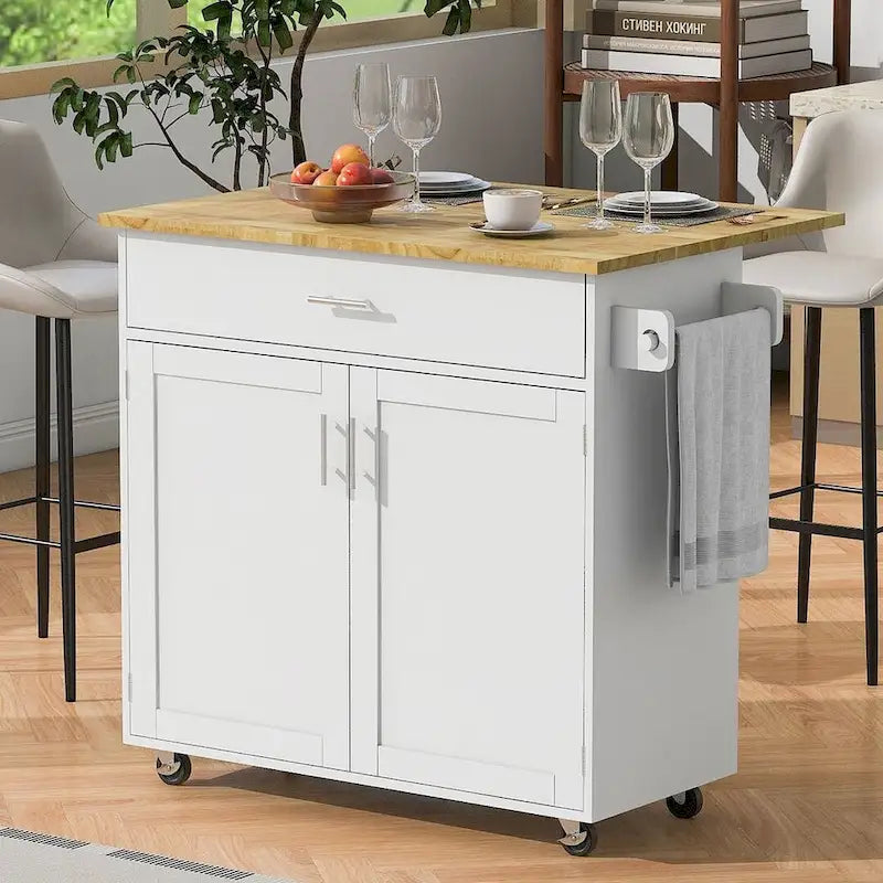 39" W Modern Rubberwood Top Kitchen Cart with Storage and Towel Racks