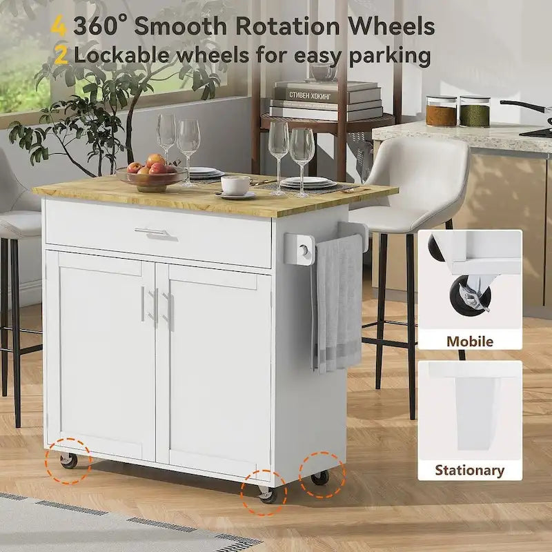 39" W Modern Rubberwood Top Kitchen Cart with Storage and Towel Racks