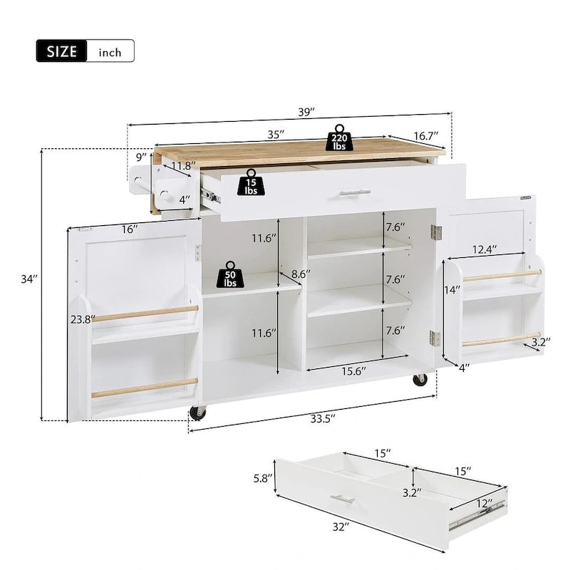 39" W Modern Rubberwood Top Kitchen Cart with Storage and Towel Racks