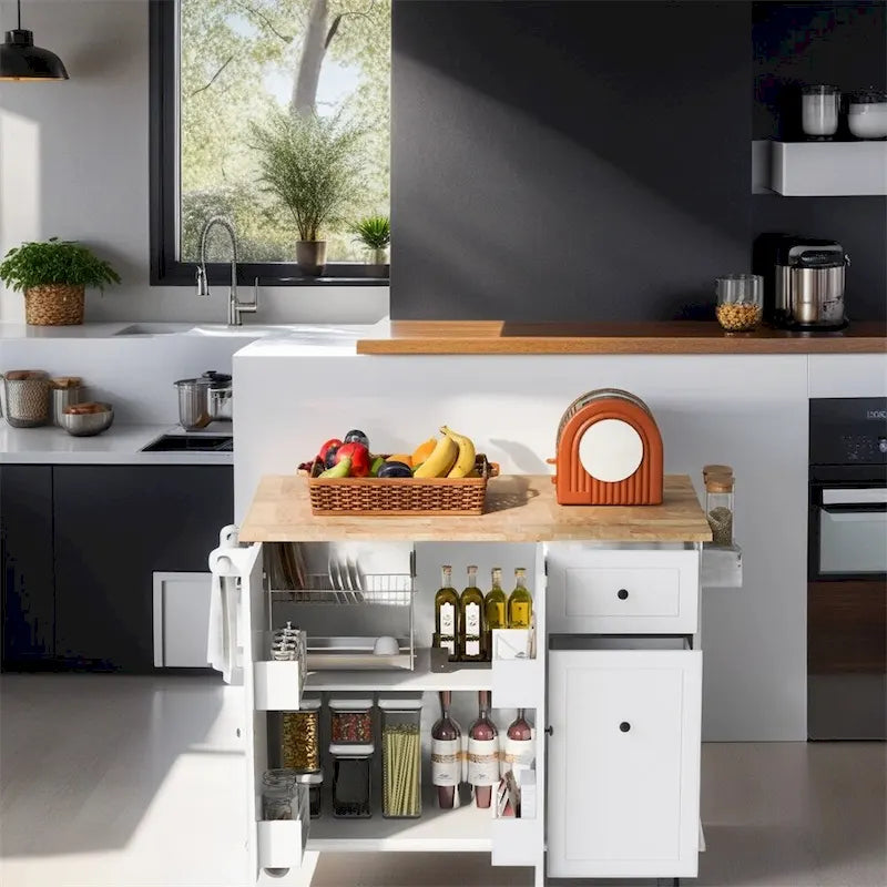 Rolling Kitchen Cart with Internal Storage Rack and Pull-Out Cabinet