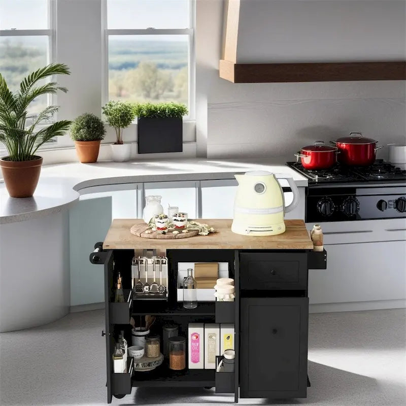 Rolling Kitchen Cart with Internal Storage Rack and Pull-Out Cabinet