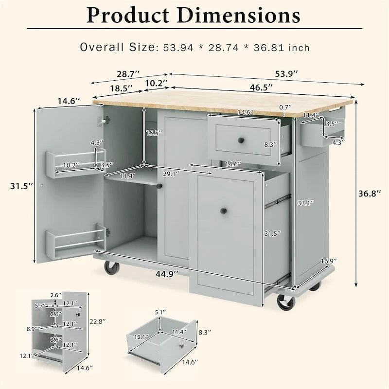Rolling Kitchen Cart with Internal Storage Rack and Pull-Out Cabinet