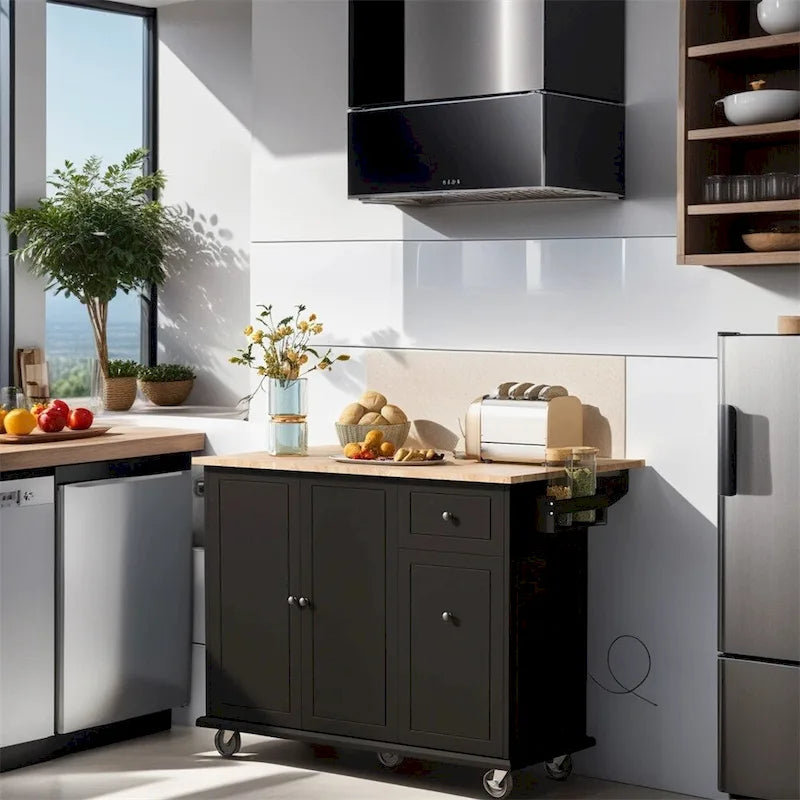 Rolling Kitchen Cart with Internal Storage Rack and Pull-Out Cabinet