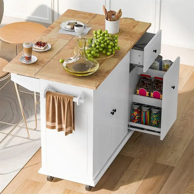 Rolling Kitchen Cart with Internal Storage Rack and Pull-Out Cabinet