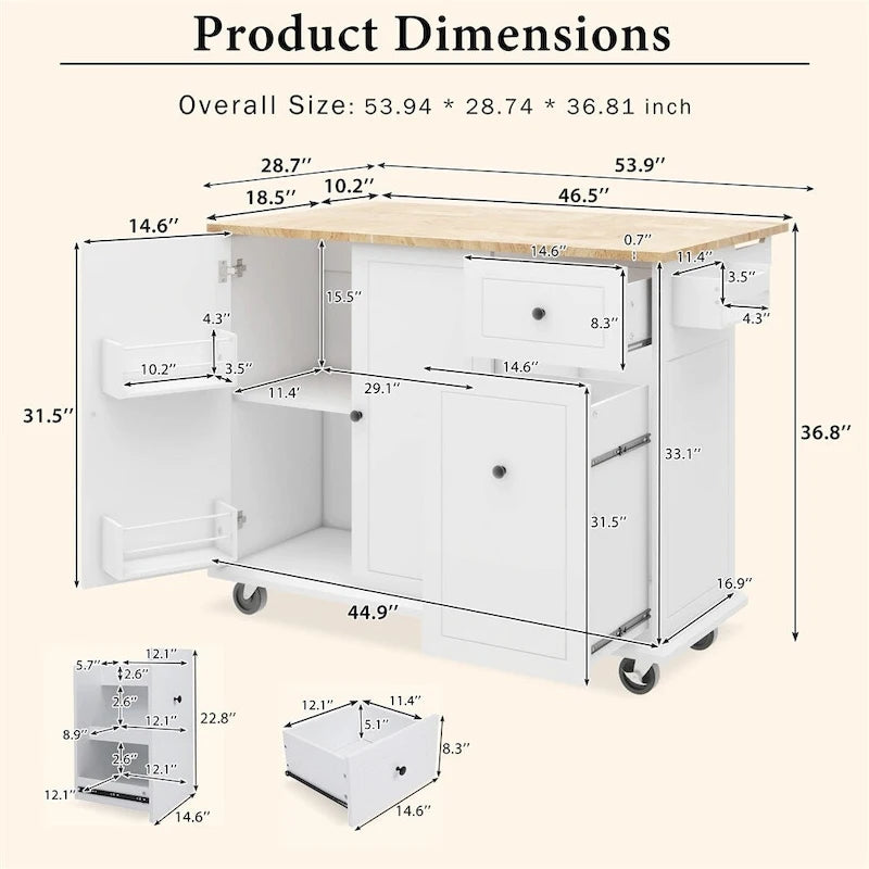 Rolling Kitchen Cart with Internal Storage Rack and Pull-Out Cabinet