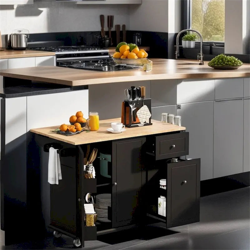 Rolling Kitchen Cart with Internal Storage Rack and Pull-Out Cabinet