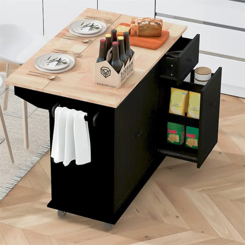 Rolling Kitchen Cart with Internal Storage Rack and Pull-Out Cabinet