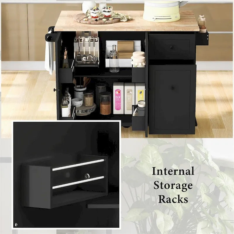 Rolling Kitchen Cart with Internal Storage Rack and Pull-Out Cabinet