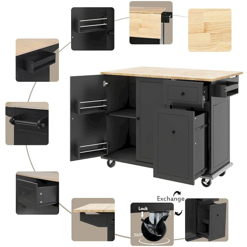 Rolling Kitchen Cart with Internal Storage Rack and Pull-Out Cabinet