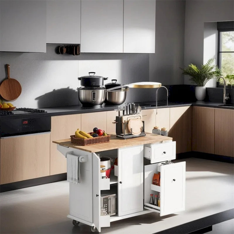 Rolling Kitchen Cart with Internal Storage Rack and Pull-Out Cabinet