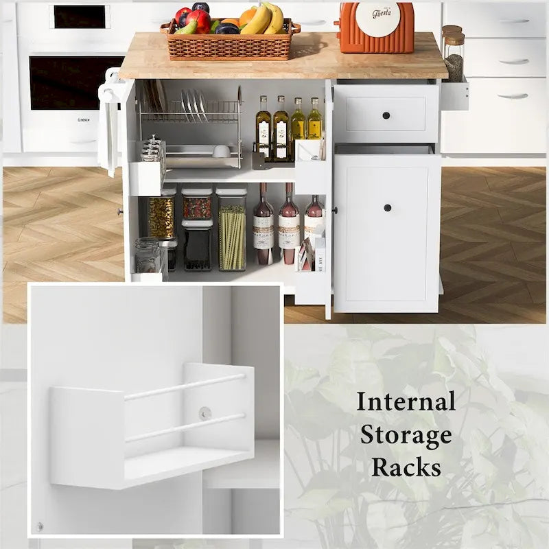 Rolling Kitchen Cart with Internal Storage Rack and Pull-Out Cabinet