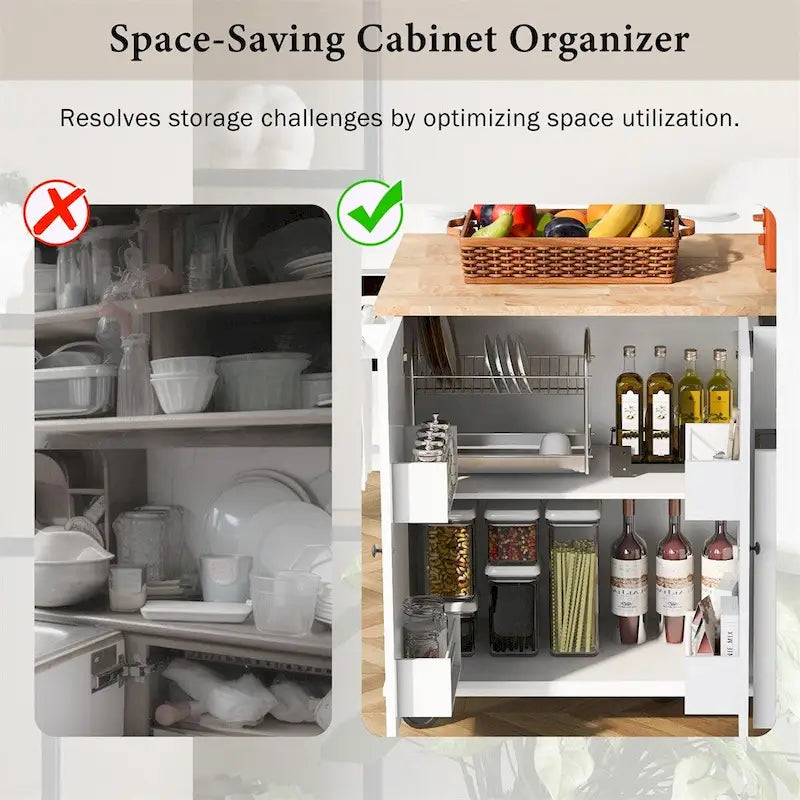 Rolling Kitchen Cart with Internal Storage Rack and Pull-Out Cabinet