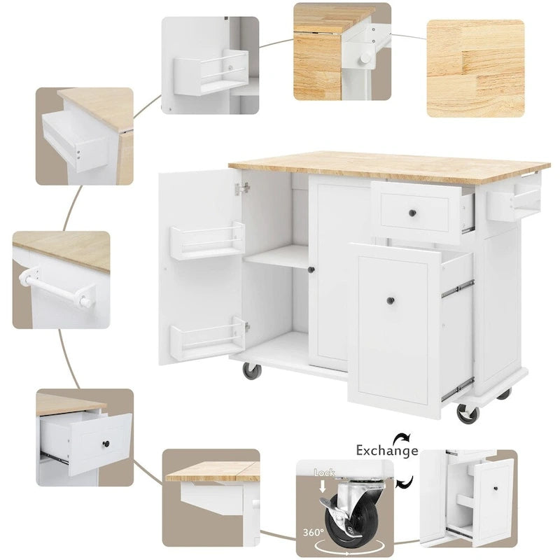 Rolling Kitchen Cart with Internal Storage Rack and Pull-Out Cabinet