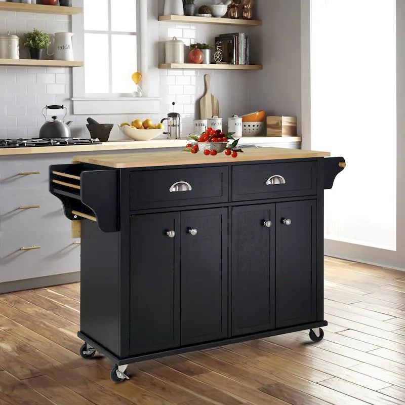 Natural Wood Top Kitchen Island with Storage, Easy-Glide Drawers and Heavy-Duty Casters