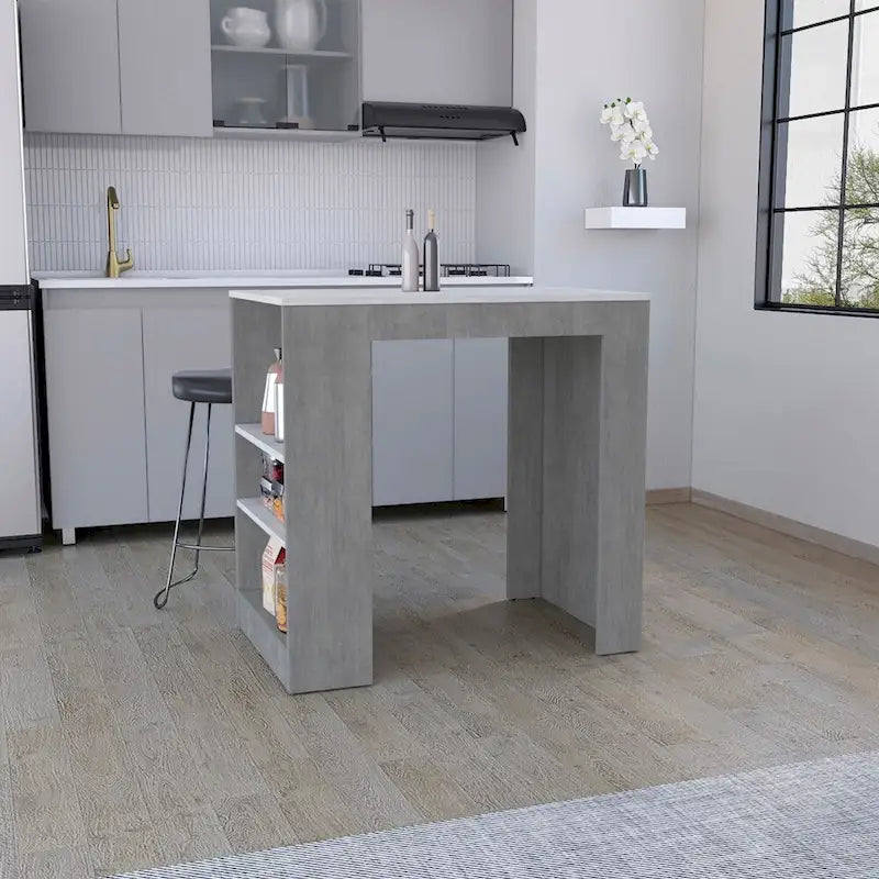 Kitchen Island with Side Shelves, Concrete Gray / Marble Top, High Quality and Durable