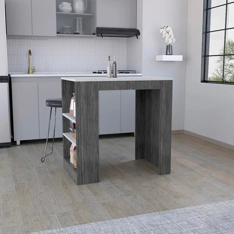 Kitchen Island with Side Shelves, Concrete Gray / Marble Top, High Quality and Durable