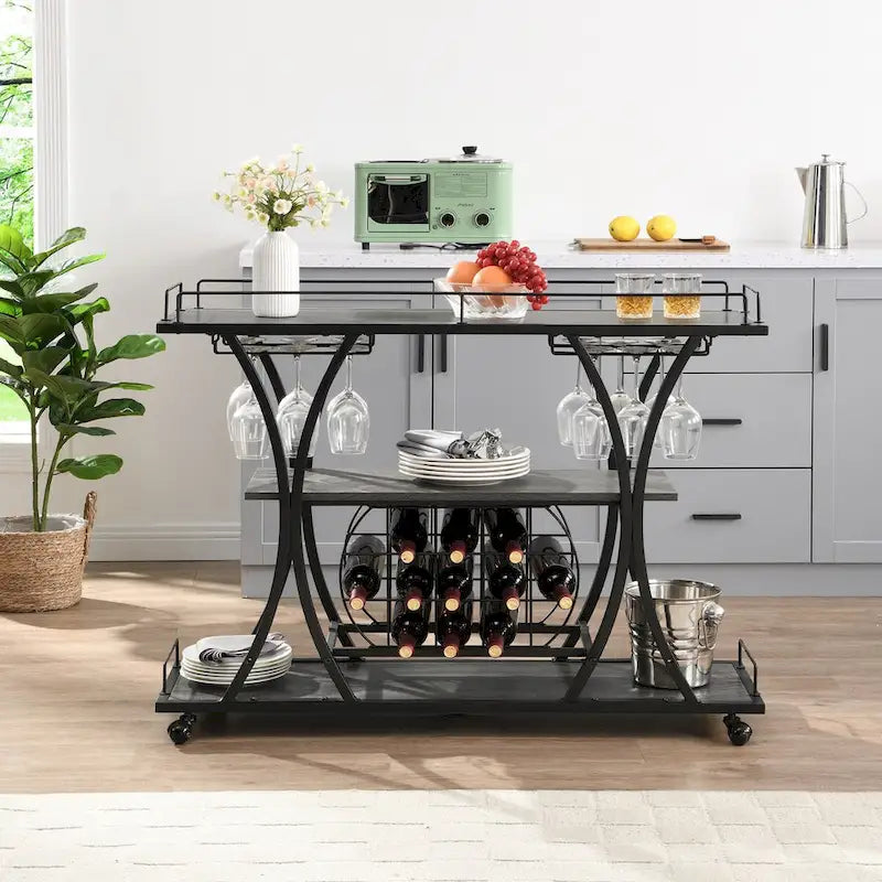 Bar Cart with Wheels & 3 Storage Shelves