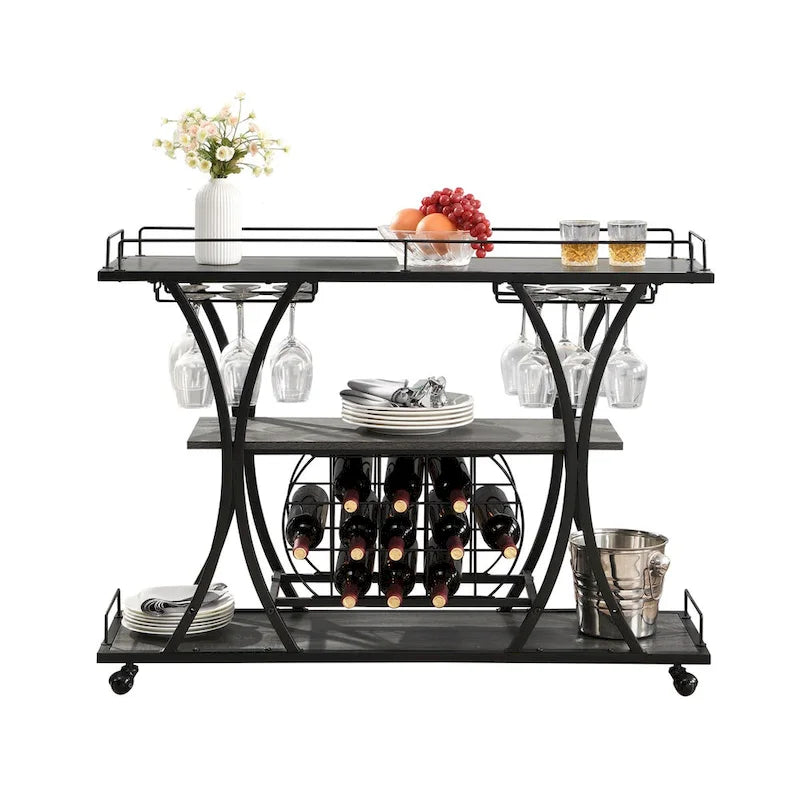 Bar Cart with Wheels & 3 Storage Shelves
