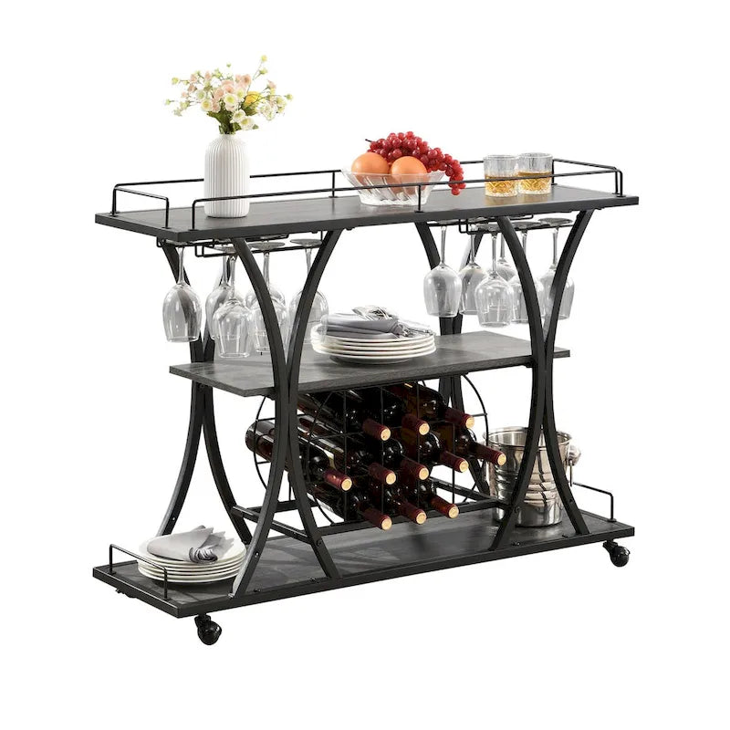 Bar Cart with Wheels & 3 Storage Shelves