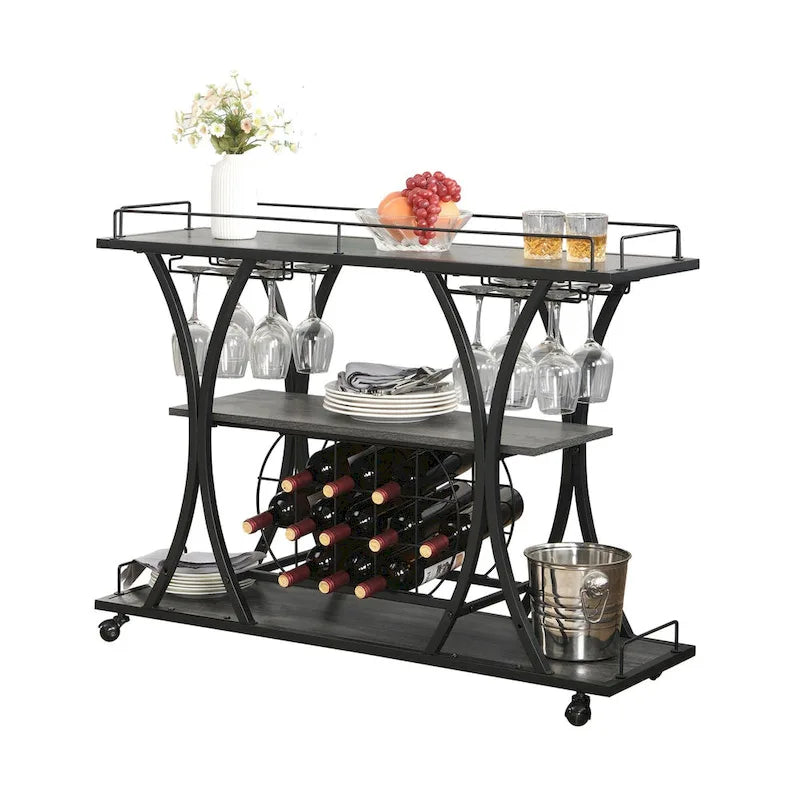 Bar Cart with Wheels & 3 Storage Shelves