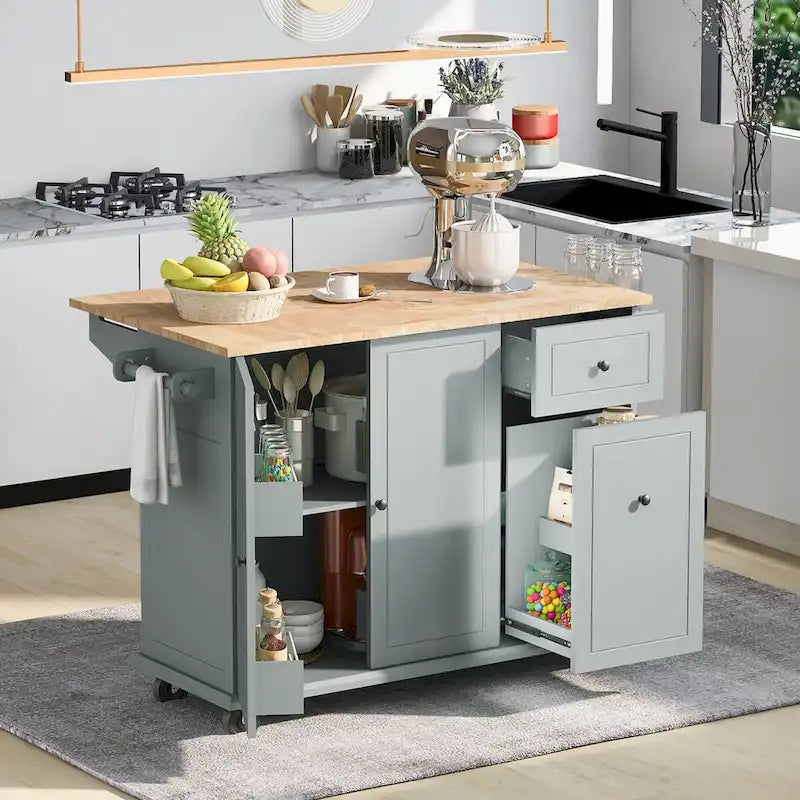 53.9" Kitchen Island Cart with Drop Leaf & Wheels