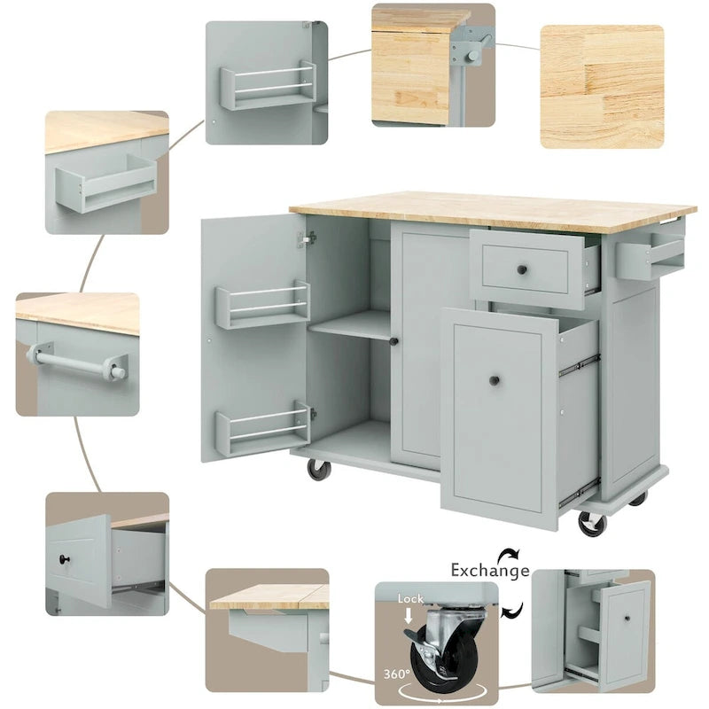 53.9" Kitchen Island Cart with Drop Leaf & Wheels