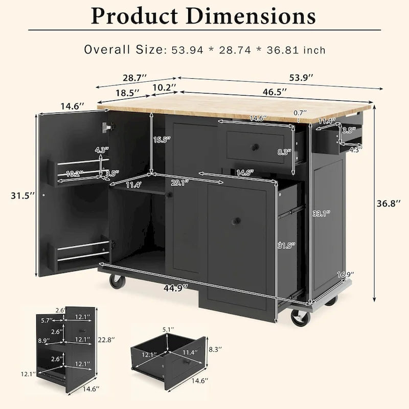 53.9" Kitchen Island Cart with Drop Leaf & Wheels