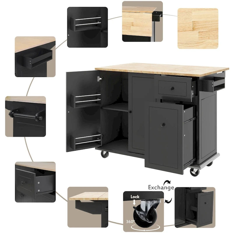 53.9" Kitchen Island Cart with Drop Leaf & Wheels