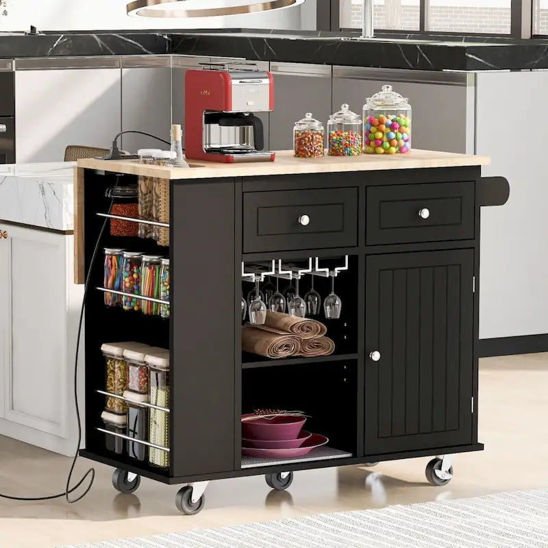 Kitchen Island with Power Outlet, Drop Leaf, Wine Rack & 5 Wheels