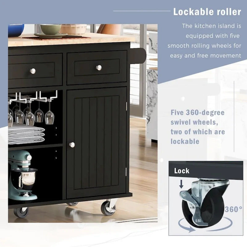Kitchen Island with Power Outlet, Drop Leaf, Wine Rack & 5 Wheels