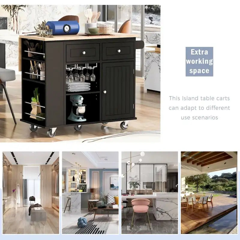 Kitchen Island with Power Outlet, Drop Leaf, Wine Rack & 5 Wheels