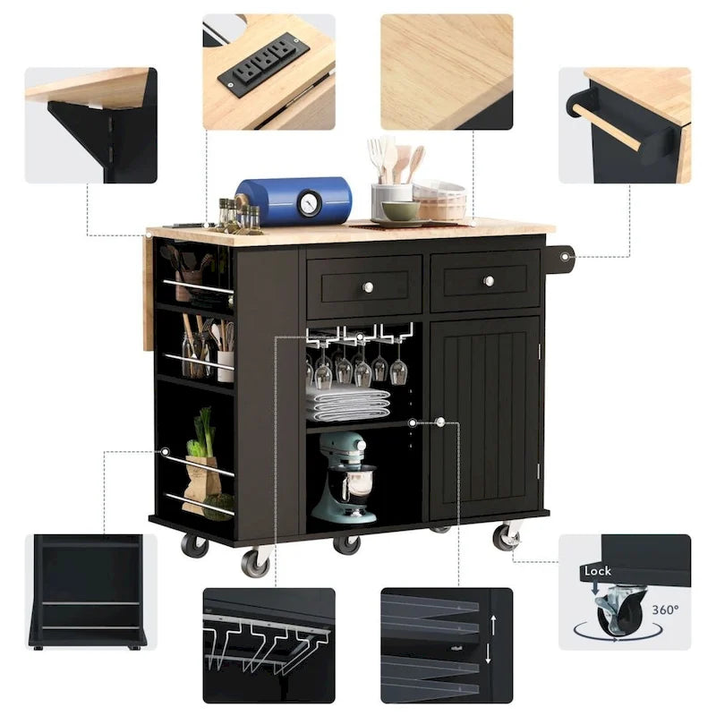 Kitchen Island with Power Outlet, Drop Leaf, Wine Rack & 5 Wheels