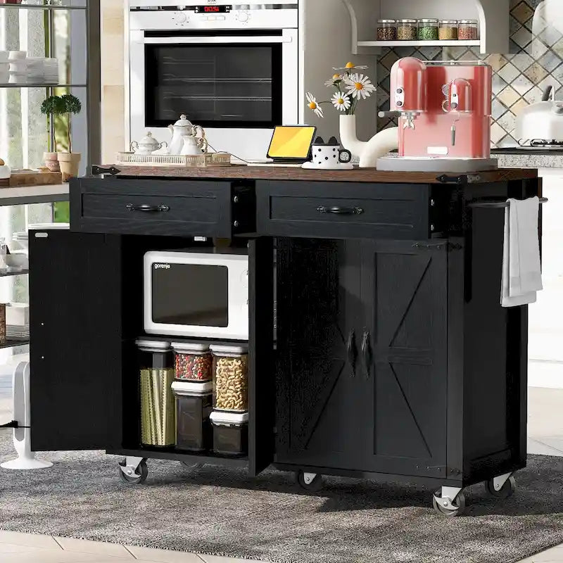 53.5" Kitchen Island with Power Outlet, Drop Leaf, Spice Rack and Drawer
