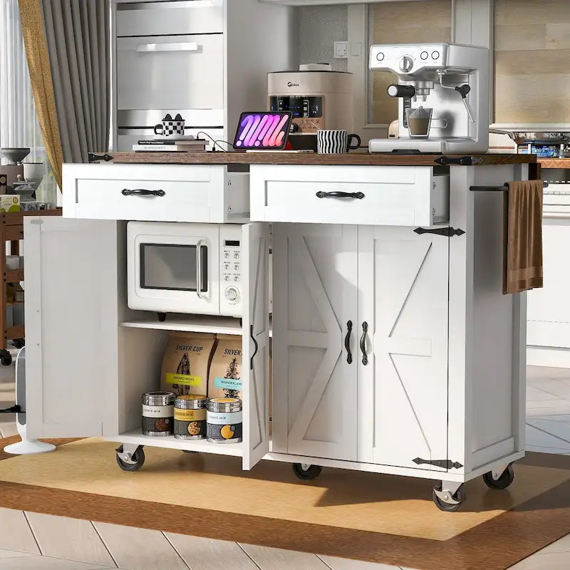 53.5" Kitchen Island with Power Outlet, Drop Leaf, Spice Rack and Drawer