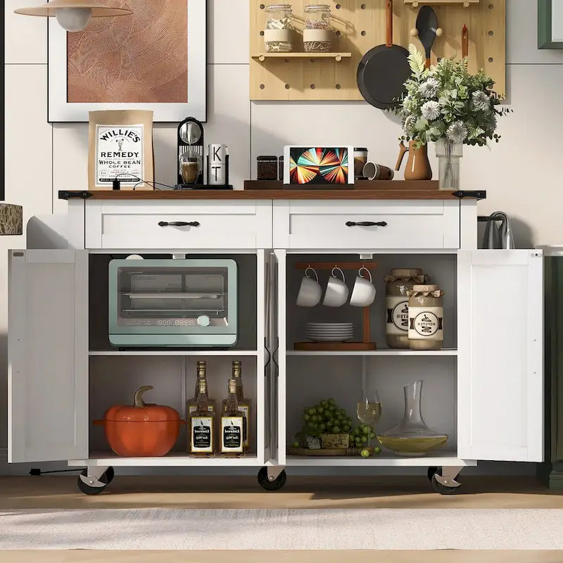 53.5" Kitchen Island with Power Outlet, Drop Leaf, Spice Rack and Drawer