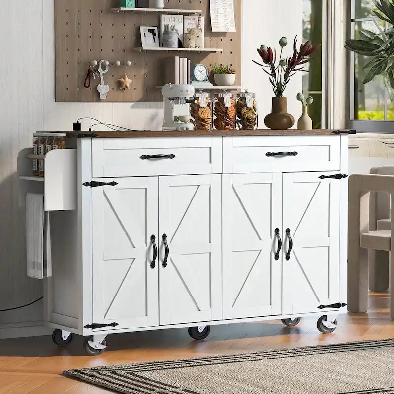 53.5" Kitchen Island with Power Outlet, Drop Leaf, Spice Rack and Drawer