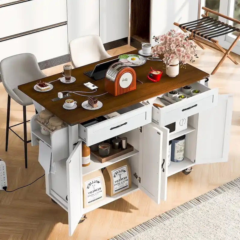 53.5" Kitchen Island with Power Outlet, Drop Leaf, Spice Rack and Drawer