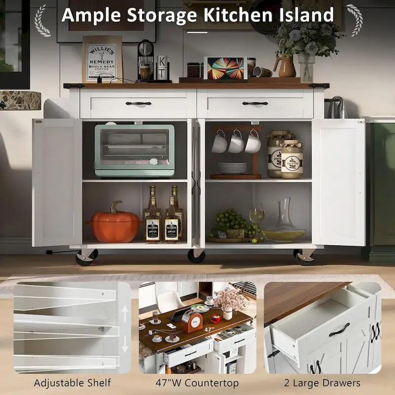 53.5" Kitchen Island with Power Outlet, Drop Leaf, Spice Rack and Drawer