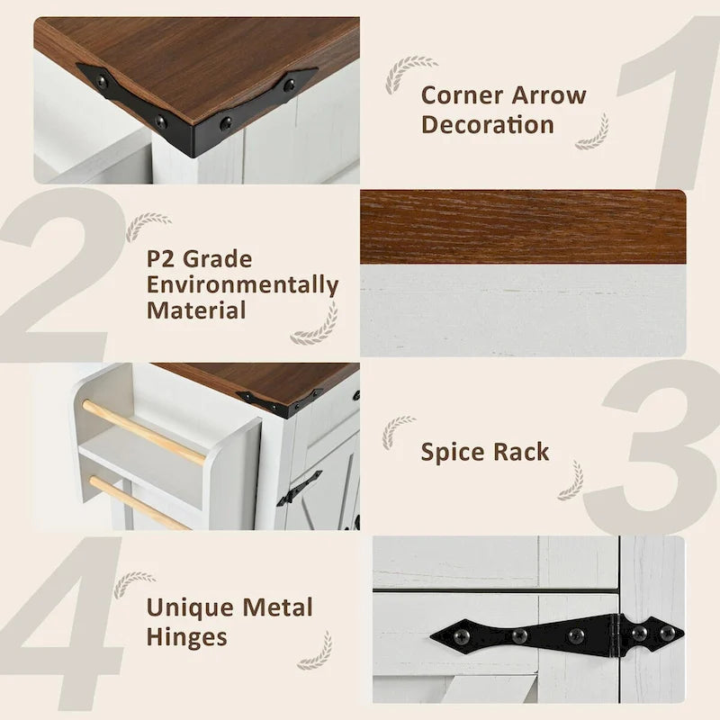 53.5" Kitchen Island with Power Outlet, Drop Leaf, Spice Rack and Drawer