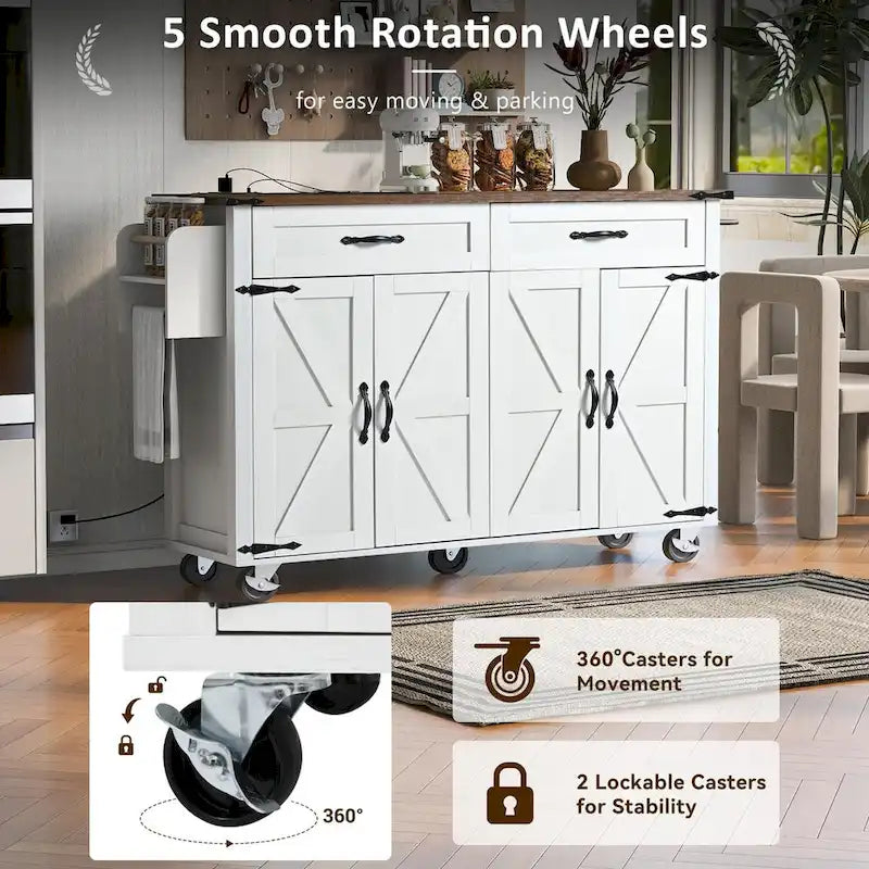 53.5" Kitchen Island with Power Outlet, Drop Leaf, Spice Rack and Drawer