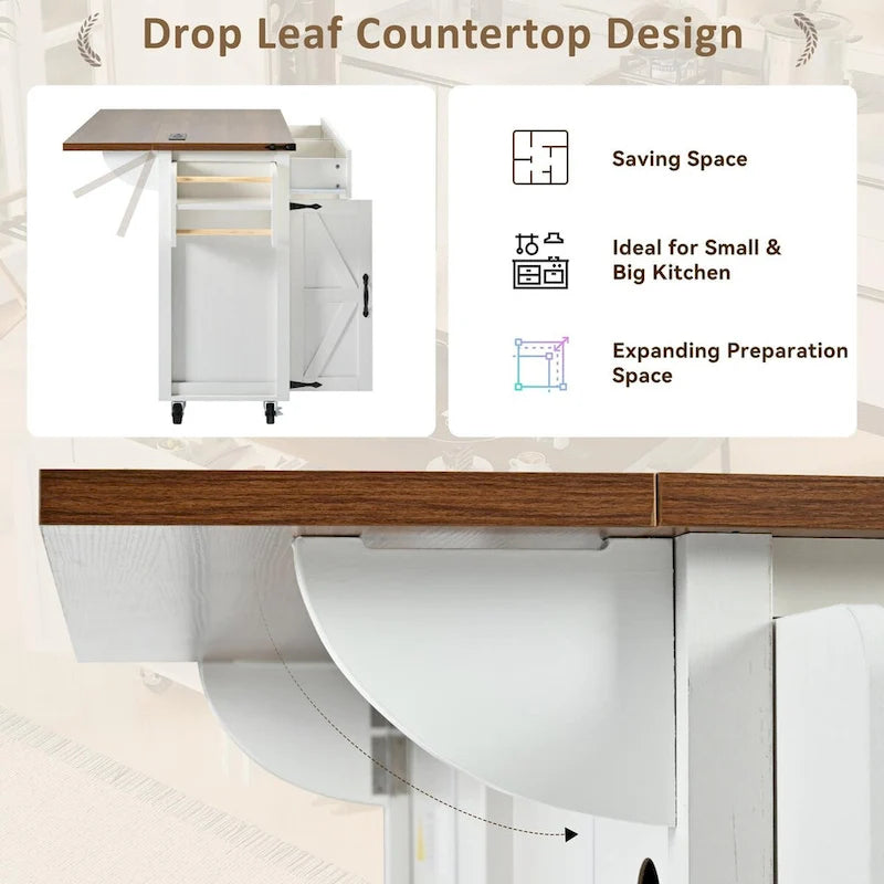 53.5" Kitchen Island with Power Outlet, Drop Leaf, Spice Rack and Drawer