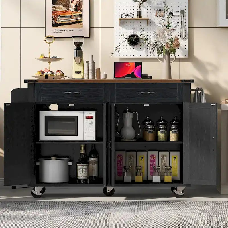 53.5" Kitchen Island with Power Outlet, Drop Leaf, Spice Rack and Drawer
